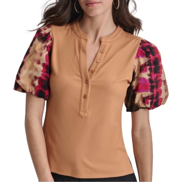 DKNY Tan Top with Multicolor Puff Sleeves - Picture 2 of 8